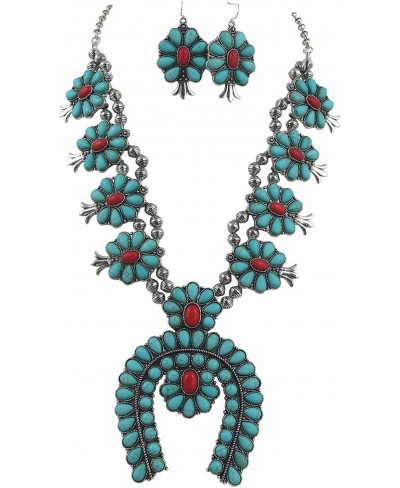 Southwestern Western Blue and Red Howlite Squash Blossom Statement Necklace and Earrings Set $26.23 Jewelry Sets