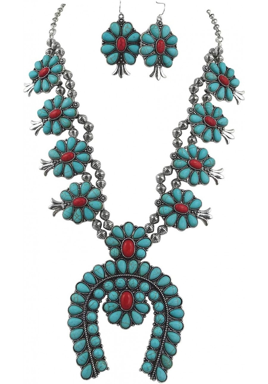 Southwestern Western Blue and Red Howlite Squash Blossom Statement Necklace and Earrings Set $26.23 Jewelry Sets