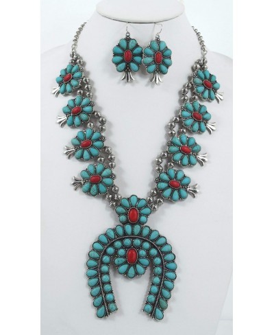 Southwestern Western Blue and Red Howlite Squash Blossom Statement Necklace and Earrings Set $26.23 Jewelry Sets