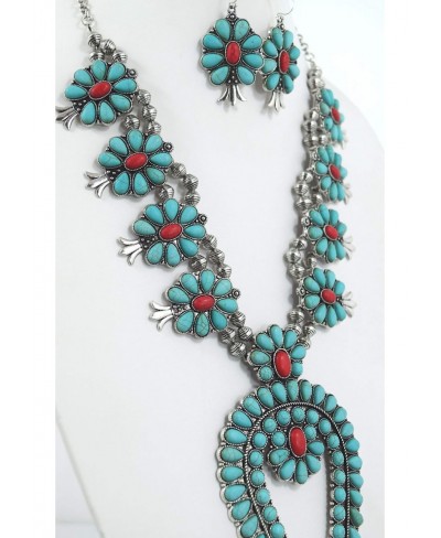 Southwestern Western Blue and Red Howlite Squash Blossom Statement Necklace and Earrings Set $26.23 Jewelry Sets