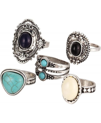 5pcs/Set Women Bohemian Vintage Silver Stack Rings Above Knuckle Blue Rings Set (Silver) $14.32 Stacking