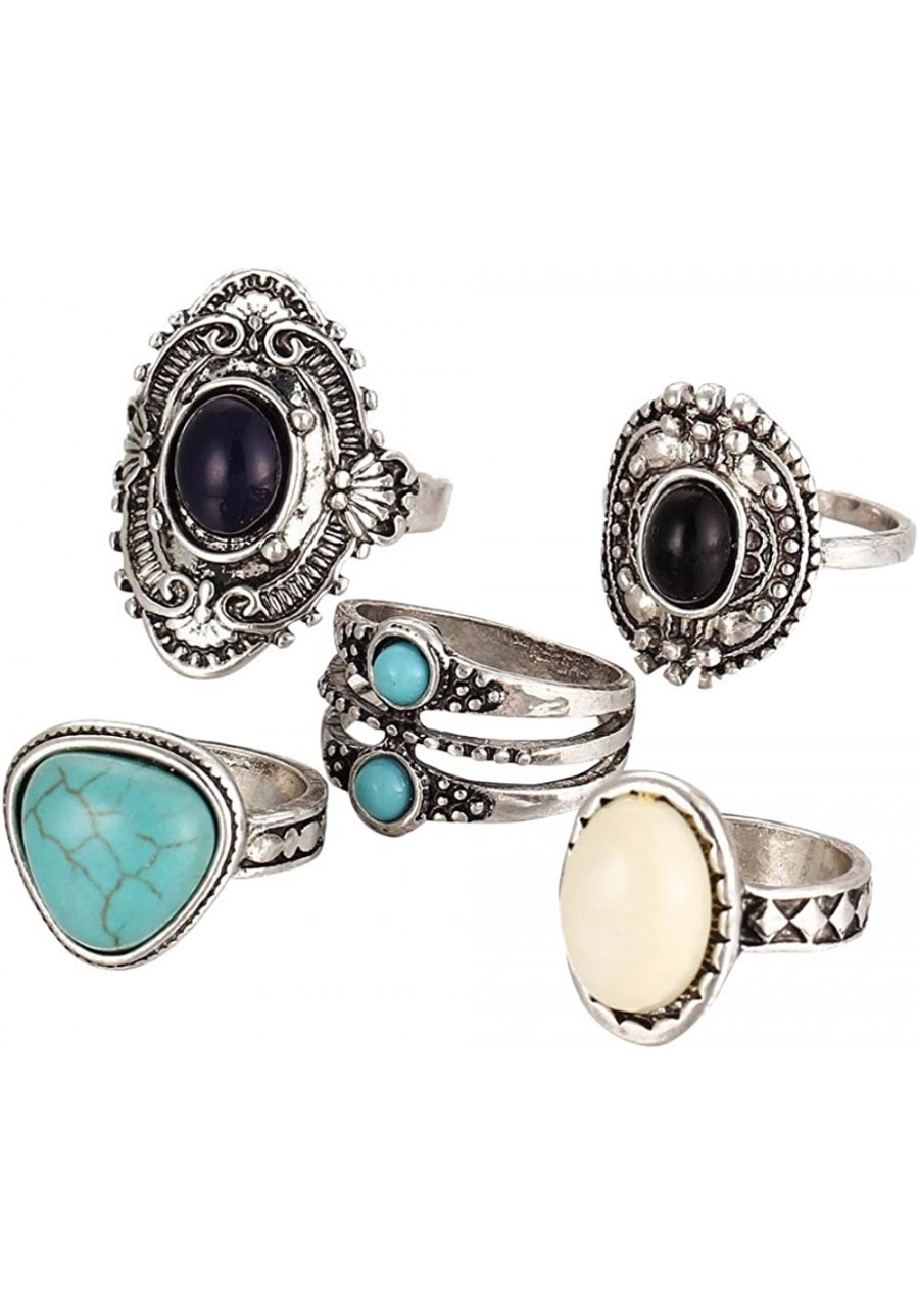 5pcs/Set Women Bohemian Vintage Silver Stack Rings Above Knuckle Blue Rings Set (Silver) $14.32 Stacking