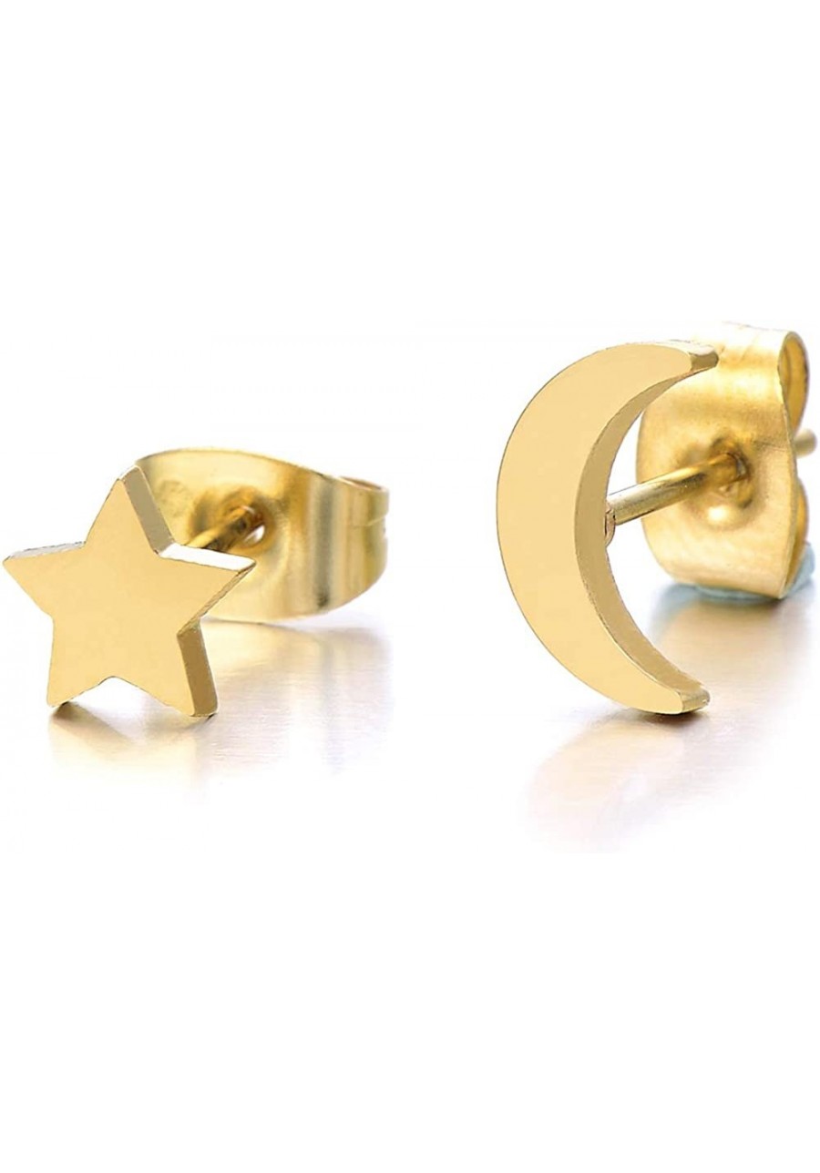 Pair Gold Color Moon and Star Stainless Steel Plain Stud Earrings for Women and $10.61 Stud