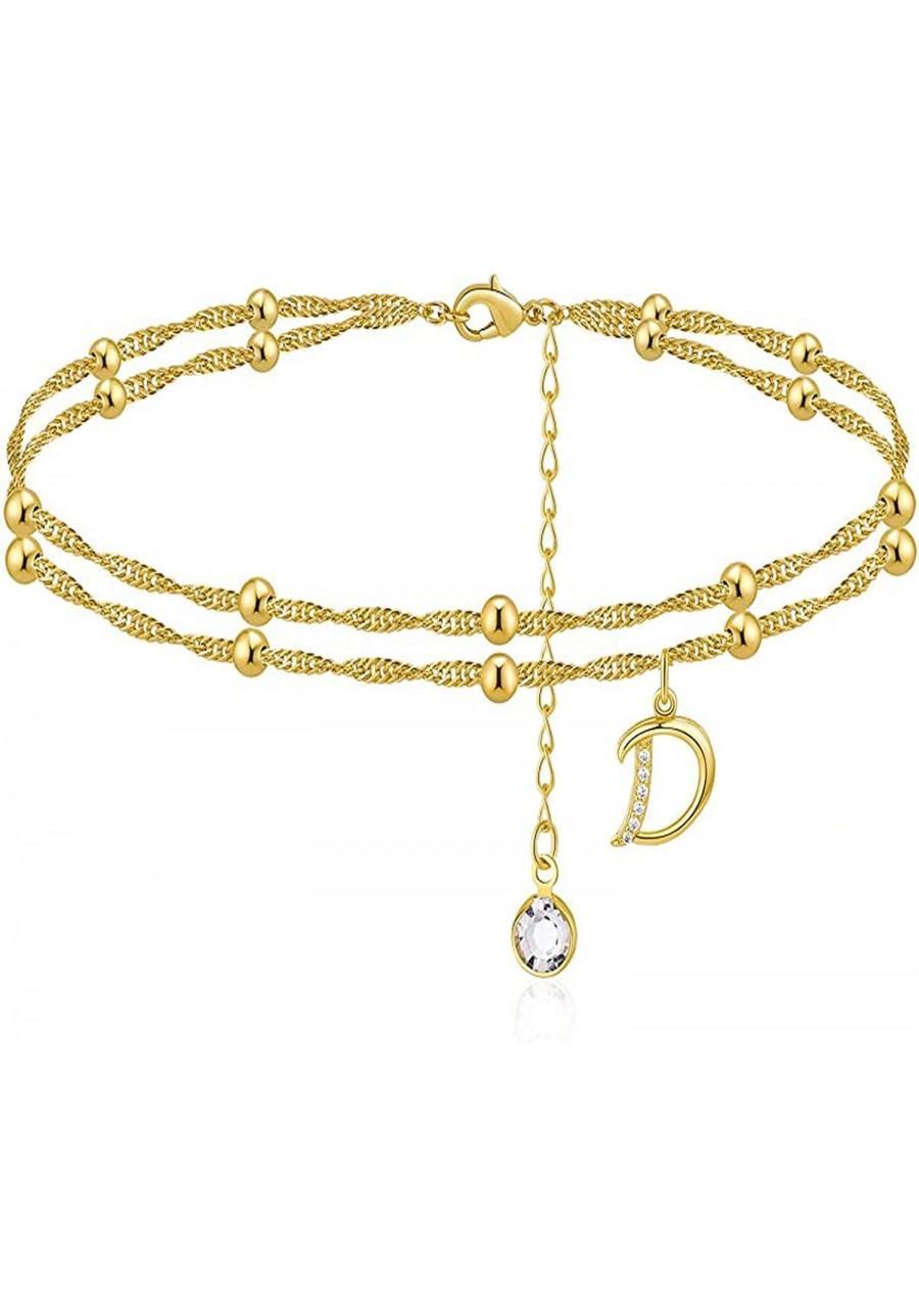 Initial Ankle Bracelets 14K Gold Plated Crystal Double Layered Beaded A-Z Alphabet Ankle Bracelets for Women Teen Girls Jewel...