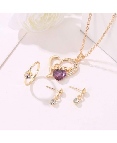 Love Heart Pendant Necklace Rhinestone Inlaid Earrings Ring Women Jewelry Set Unique Temperament Ring $8.20 Jewelry Sets