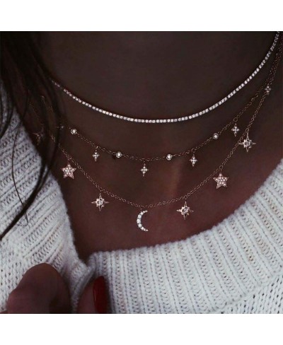 Boho Choker Necklaces Gold Crystal Moon Pendant Necklaces Star Layered Chain Jewelry for Women and Girls $7.98 Chokers