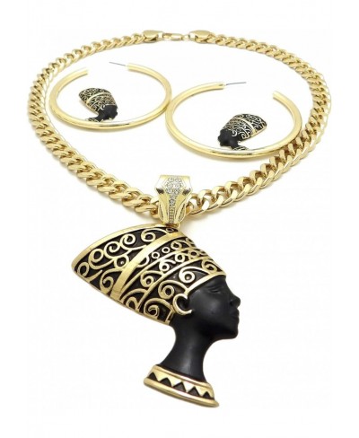 Women's Gold PT Egyptian Nefertiti Pendant W/ 9mm 18" Cuban Chain & Hoop Earrings Set $28.82 Jewelry Sets