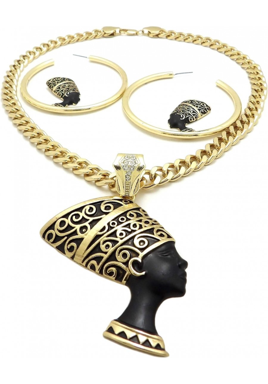 Women's Gold PT Egyptian Nefertiti Pendant W/ 9mm 18" Cuban Chain & Hoop Earrings Set $28.82 Jewelry Sets