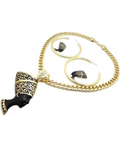 Women's Gold PT Egyptian Nefertiti Pendant W/ 9mm 18" Cuban Chain & Hoop Earrings Set $28.82 Jewelry Sets