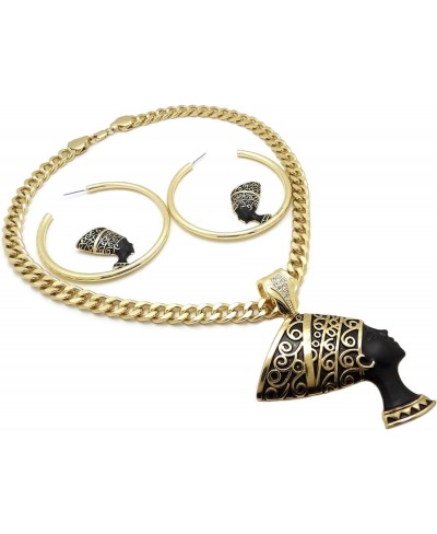 Women's Gold PT Egyptian Nefertiti Pendant W/ 9mm 18" Cuban Chain & Hoop Earrings Set $28.82 Jewelry Sets