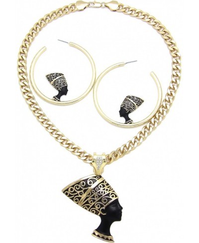 Women's Gold PT Egyptian Nefertiti Pendant W/ 9mm 18" Cuban Chain & Hoop Earrings Set $28.82 Jewelry Sets