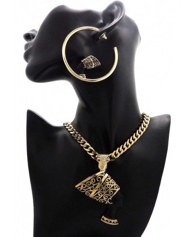 Women's Gold PT Egyptian Nefertiti Pendant W/ 9mm 18" Cuban Chain & Hoop Earrings Set $28.82 Jewelry Sets