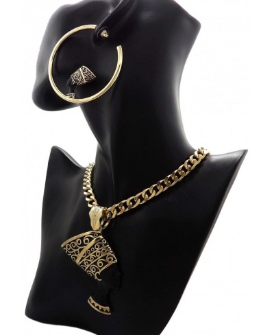 Women's Gold PT Egyptian Nefertiti Pendant W/ 9mm 18" Cuban Chain & Hoop Earrings Set $28.82 Jewelry Sets