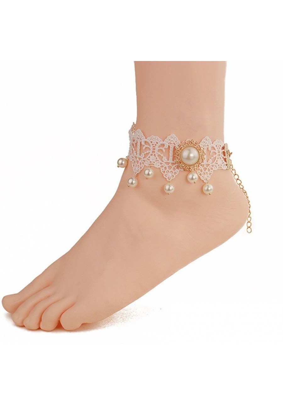 Lace Anklets Sexy Beads Foot Sandal Beach Wedding Jewelry Lace Ankle Bracelet for Women Girls White $6.81 Anklets