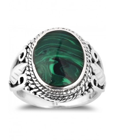 Vintage Inspired Round Green Malachite Nature .925 Sterling Silver Ring $26.47 Bands