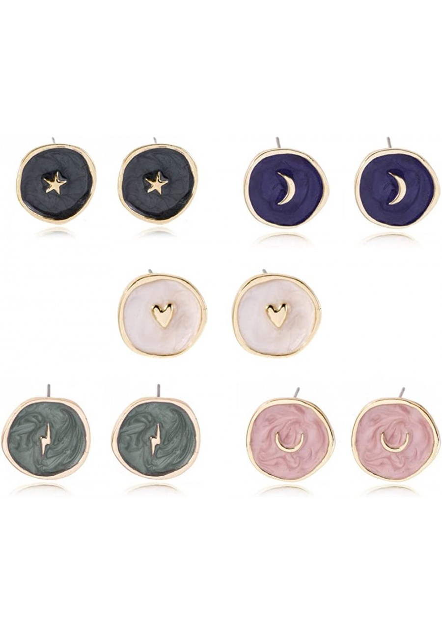 Minimalist Moon Lightning Star Gold Plated Stud Earrings Set for Women Girls Personalized Enamel Round Stud Earrings Trendy J...