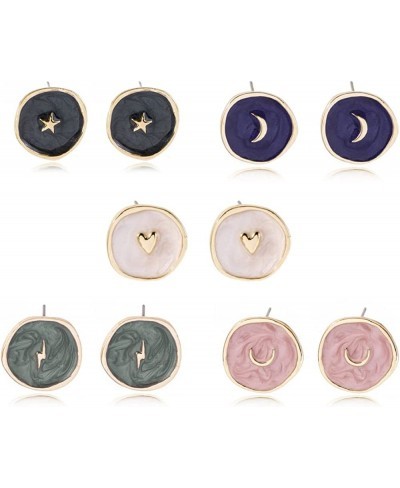 Minimalist Moon Lightning Star Gold Plated Stud Earrings Set for Women Girls Personalized Enamel Round Stud Earrings Trendy J...