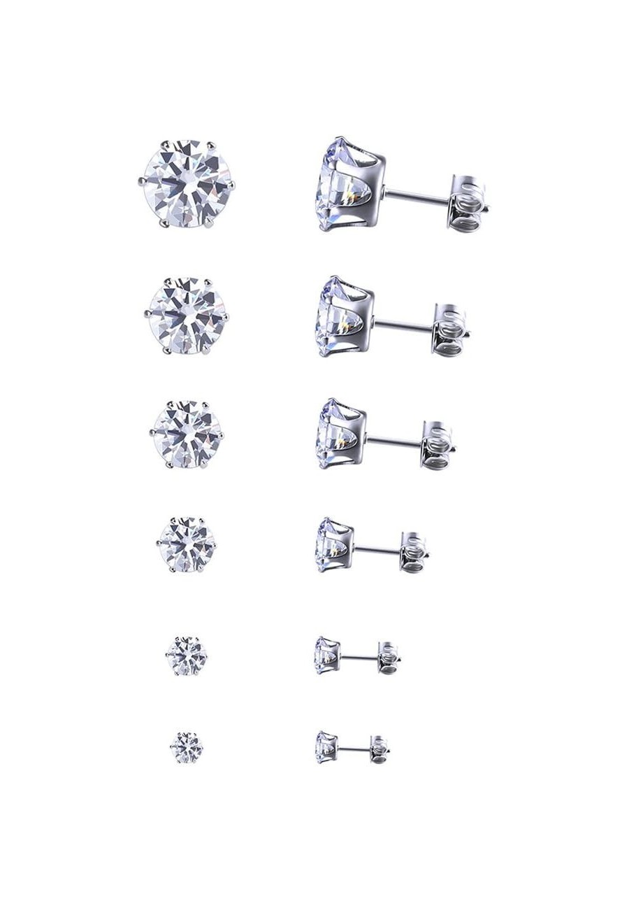 6 Pairs Silver Zircon Stone Ear Studs Set / 3-8mm Clear AAA Gemstone Pierced Earrings/Unisex Allergy Free Copper Bling Ear Na...