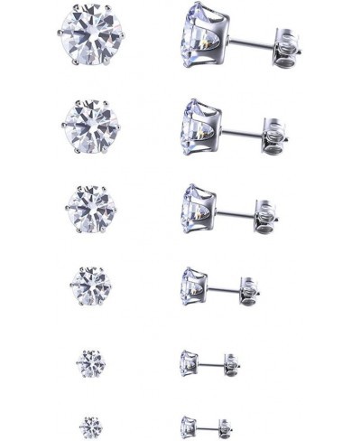 6 Pairs Silver Zircon Stone Ear Studs Set / 3-8mm Clear AAA Gemstone Pierced Earrings/Unisex Allergy Free Copper Bling Ear Na...