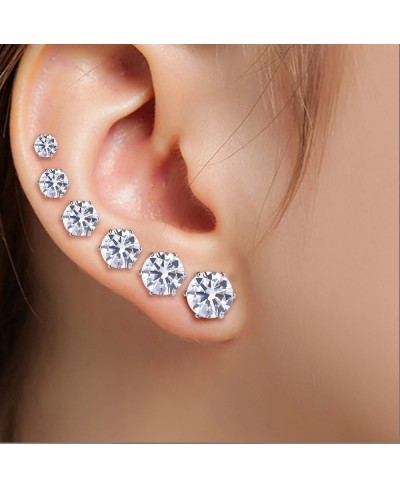 6 Pairs Silver Zircon Stone Ear Studs Set / 3-8mm Clear AAA Gemstone Pierced Earrings/Unisex Allergy Free Copper Bling Ear Na...