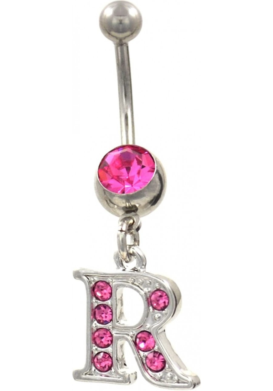 Initial Letter R Pink Gem Decorated Belly Button Ring $12.96 Piercing Jewelry