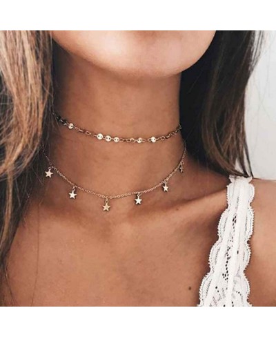 Boho Layered Necklace Gold Sequines Choker Neckalces Chain Star Pendant Jewerly for Women and Girls $10.25 Chokers