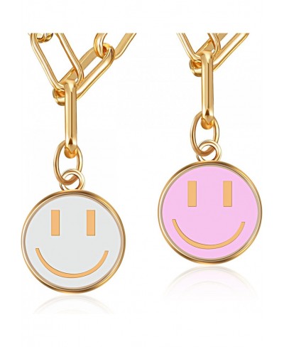 2 Pieces Smile Face Necklace Happy Face Necklace White and Pink Trendy Necklace Simple Round Chain Necklace Jewelry for Women...