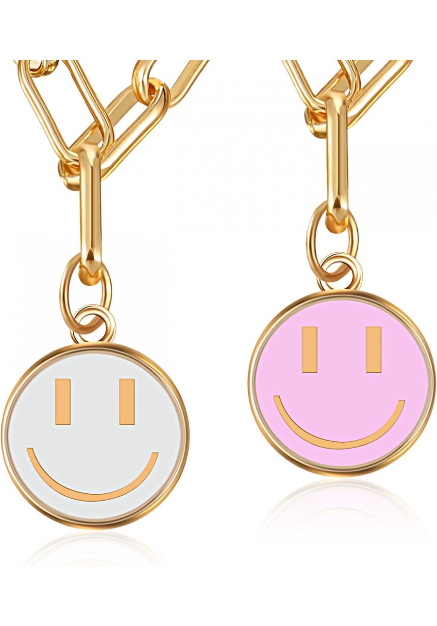 2 Pieces Smile Face Necklace Happy Face Necklace White and Pink Trendy Necklace Simple Round Chain Necklace Jewelry for Women...