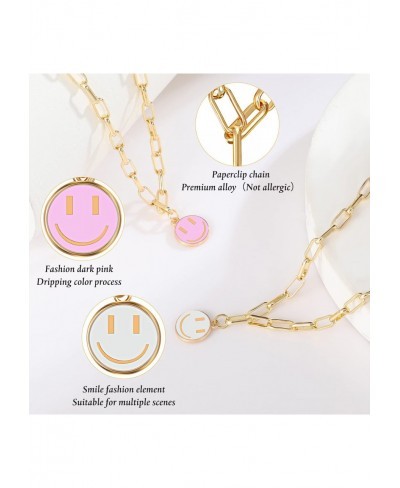 2 Pieces Smile Face Necklace Happy Face Necklace White and Pink Trendy Necklace Simple Round Chain Necklace Jewelry for Women...