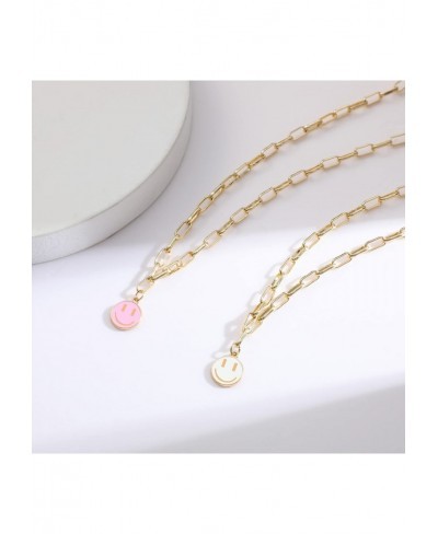 2 Pieces Smile Face Necklace Happy Face Necklace White and Pink Trendy Necklace Simple Round Chain Necklace Jewelry for Women...