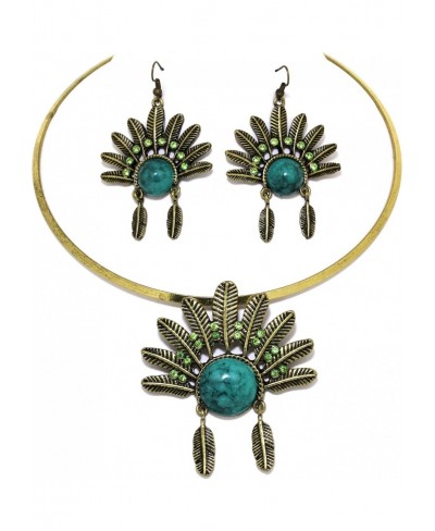 Indian Headdress Choker Necklace Pendant Earrings Set Turquoise Bronze Tone $13.37 Jewelry Sets