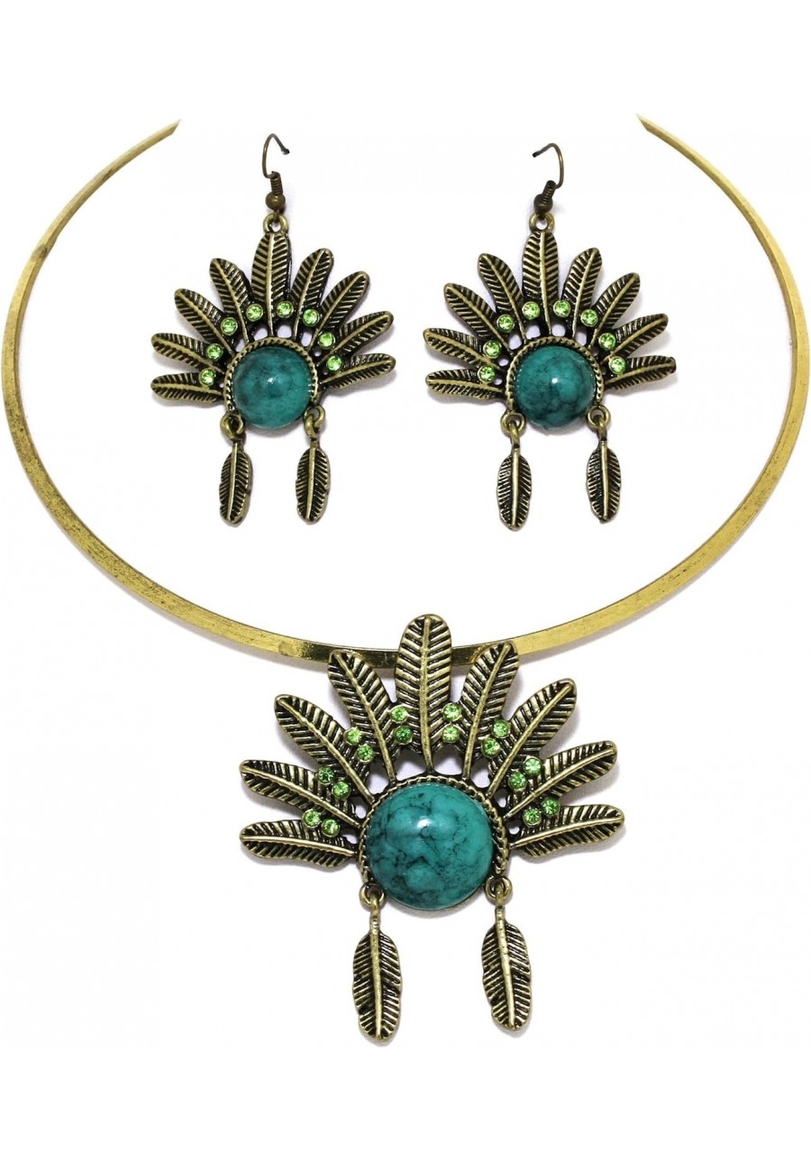 Indian Headdress Choker Necklace Pendant Earrings Set Turquoise Bronze Tone $13.37 Jewelry Sets