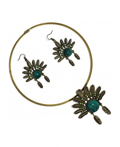 Indian Headdress Choker Necklace Pendant Earrings Set Turquoise Bronze Tone $13.37 Jewelry Sets