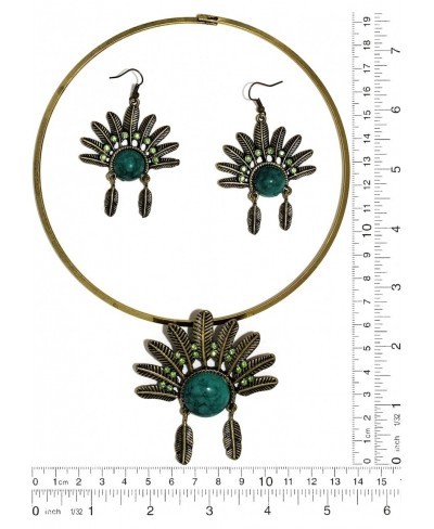 Indian Headdress Choker Necklace Pendant Earrings Set Turquoise Bronze Tone $13.37 Jewelry Sets