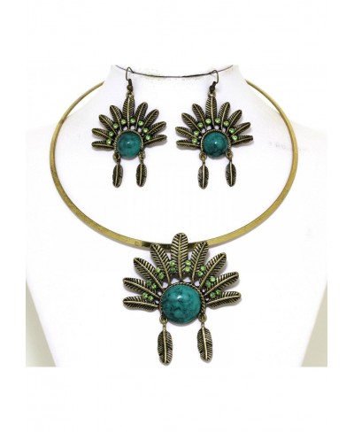 Indian Headdress Choker Necklace Pendant Earrings Set Turquoise Bronze Tone $13.37 Jewelry Sets