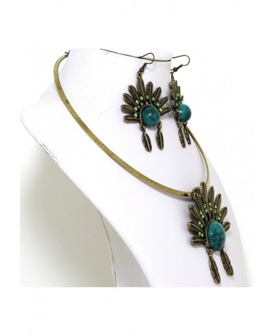 Indian Headdress Choker Necklace Pendant Earrings Set Turquoise Bronze Tone $13.37 Jewelry Sets