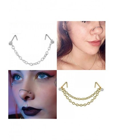 Nose Chain Piercing Across Nose Double Nose Piercing Chain L Shaped Diamond Nose Stud Chain Surgical Steel Nose Ring Chain No...