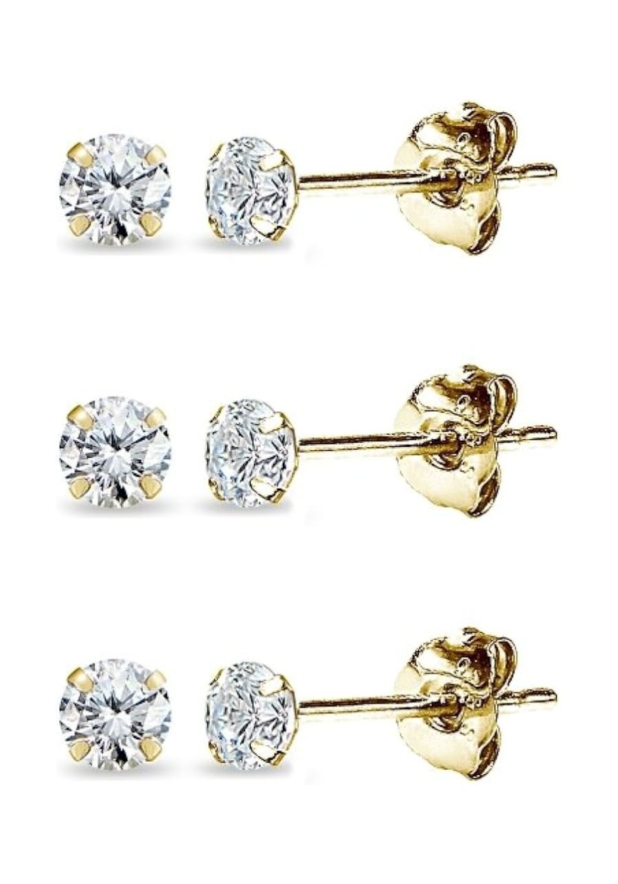 3 Pair Set 14K Gold Cubic Zirconia Tiny 2mm Round Unisex Stud Earrings for Men Women Boys & Girls $32.46 Stud