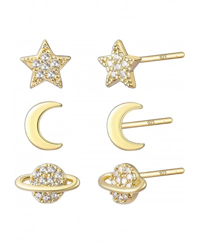 3 Pairs Gold Earth Moon and Star Earrings for Women 14K Gold Stud Earrings for Women Gold Letter Stud Earrings for Women Girl...