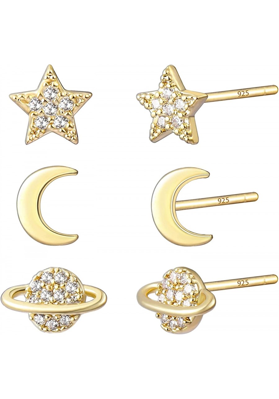 3 Pairs Gold Earth Moon and Star Earrings for Women 14K Gold Stud Earrings for Women Gold Letter Stud Earrings for Women Girl...