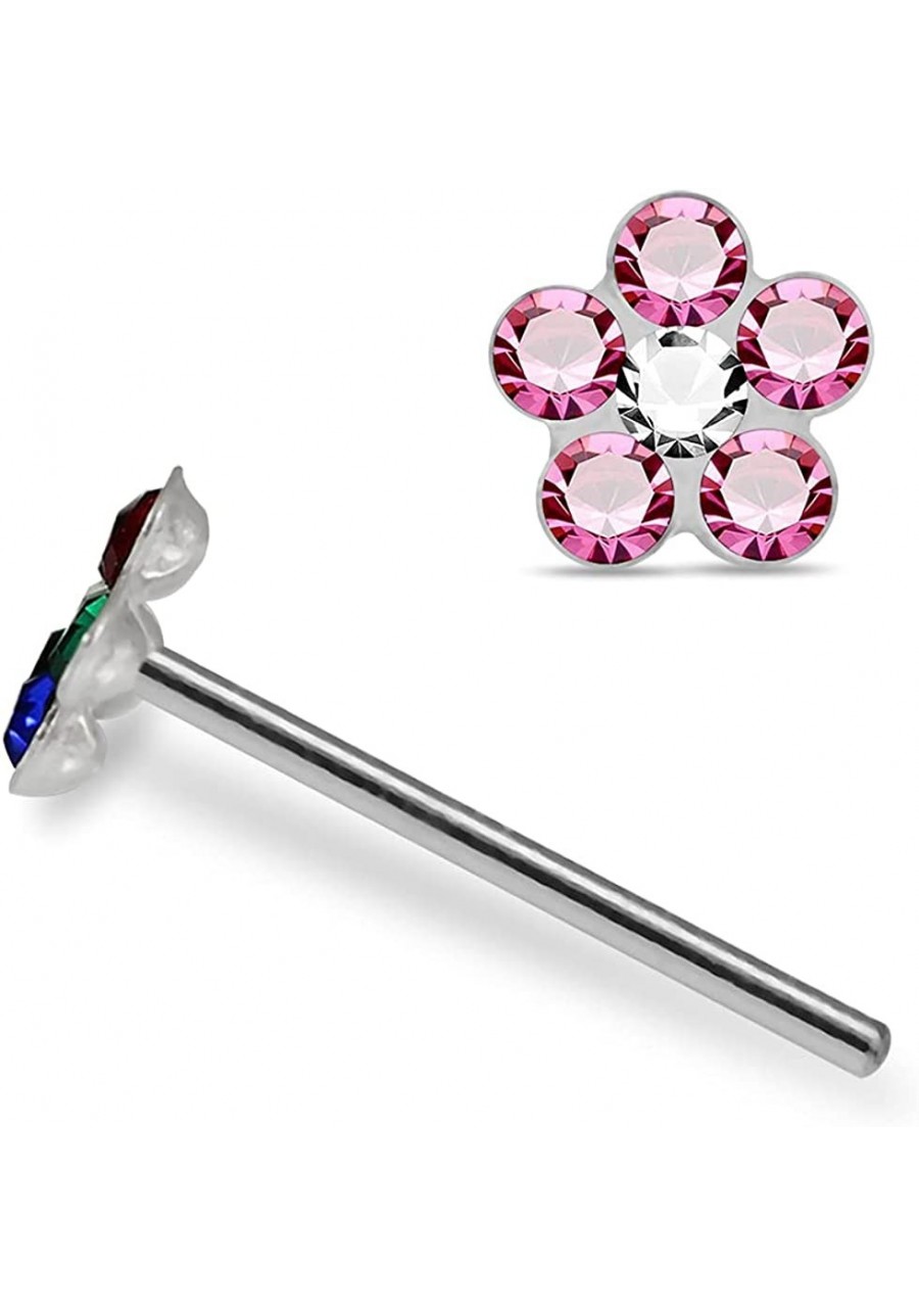 Colorful Multi Crystal Flower Top 22 Gauge Silver Straight Nose Stud Nose Piercing $7.98 Piercing Jewelry