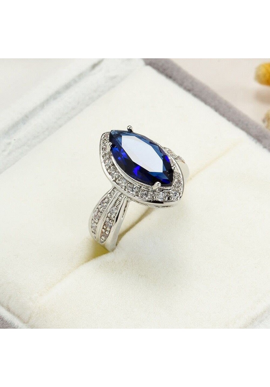 Fashion Womens 925 Sterling Silver Marquise Ring Shiny Horse Eye Sapphire Ring CZ Pink Zircon Diamond Blue Gemstone Promise R...