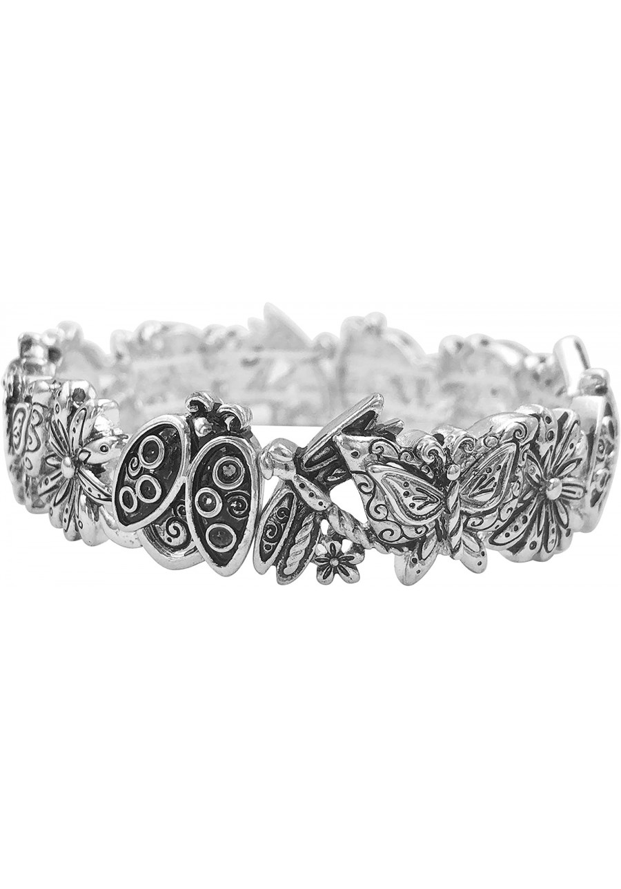 Beautiful Nature Butterfly Dragonfly Ladybug Flower Mixed Theme Metal Stretch Bracelet $14.48 Stretch