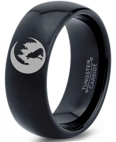 Crescent Moon Howling Wolf Forest Trees Engraved Ring - Tungsten Band 8mm - Men - Women - 18k Rose Gold Step Bevel Edge - Yel...