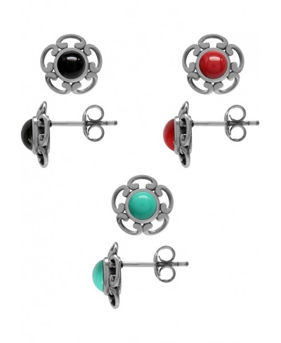 3 Pair Set Created Onyx Red Coral and Green Turquoise 925 Sterling Silver Flower Stud Post Earrings $32.07 Stud