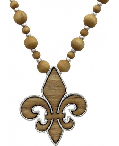 Long Wood Beaded Unique Fleur De Lis Inlay Silver Tone Necklace $23.94 Chains