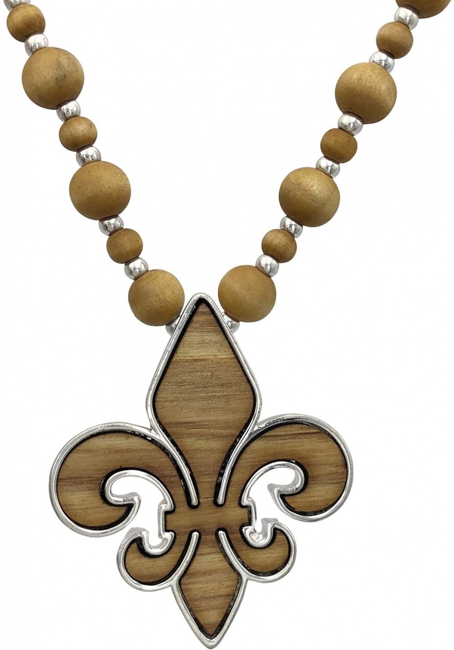 Long Wood Beaded Unique Fleur De Lis Inlay Silver Tone Necklace $23.94 Chains