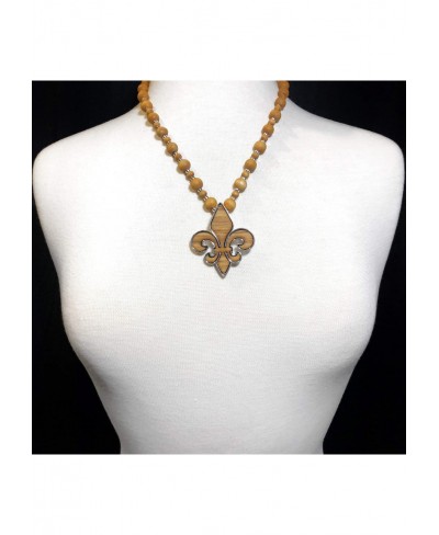 Long Wood Beaded Unique Fleur De Lis Inlay Silver Tone Necklace $23.94 Chains