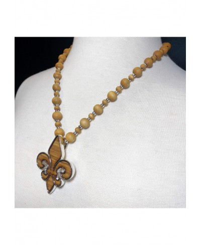 Long Wood Beaded Unique Fleur De Lis Inlay Silver Tone Necklace $23.94 Chains