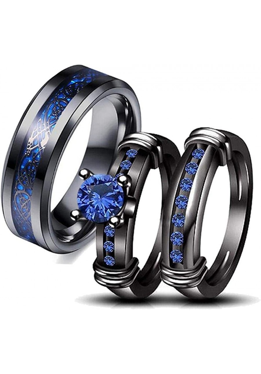 Couple Ring Bridal Set His Hers Black Gold Plated Blue CZ Stainless Steel Wedding Ring Band $17.67 Bridal Sets